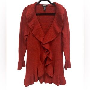 Style & Co Cardigan Duster Sweater Wool Blend Ruffle Trim Size Large Red